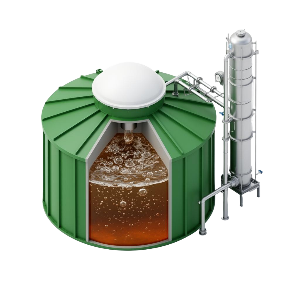 Biodigestor 3D em corte mostrando vinhaça em fermentação